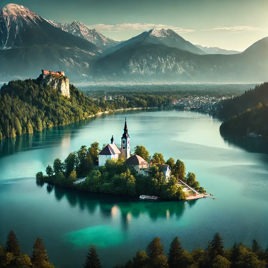 Imagen realista del lago Bled en Eslovenia